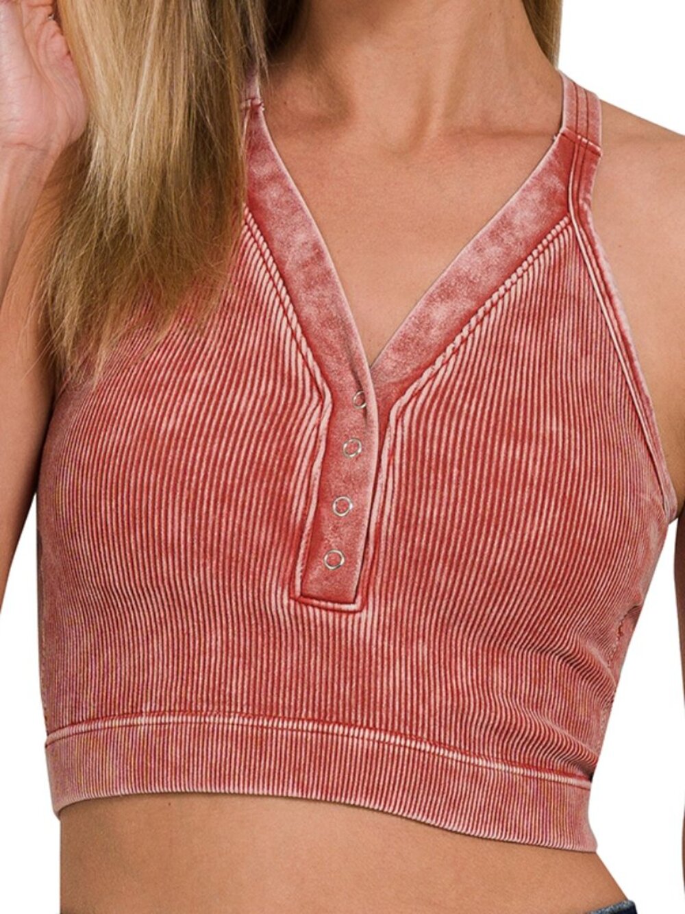 Washed Ribbed Seamless Button V-Neck Tank Top in Rust